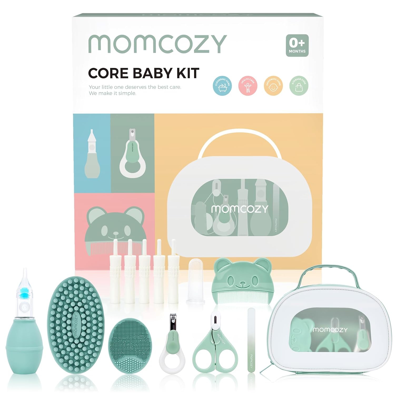 Momcozy Core Baby Kit, Baby Essential Kit for Grooming & Health & Cleansing Care, Includes Nail File Kits, Nasal Aspirator, Gas Relief Tubes, Bath