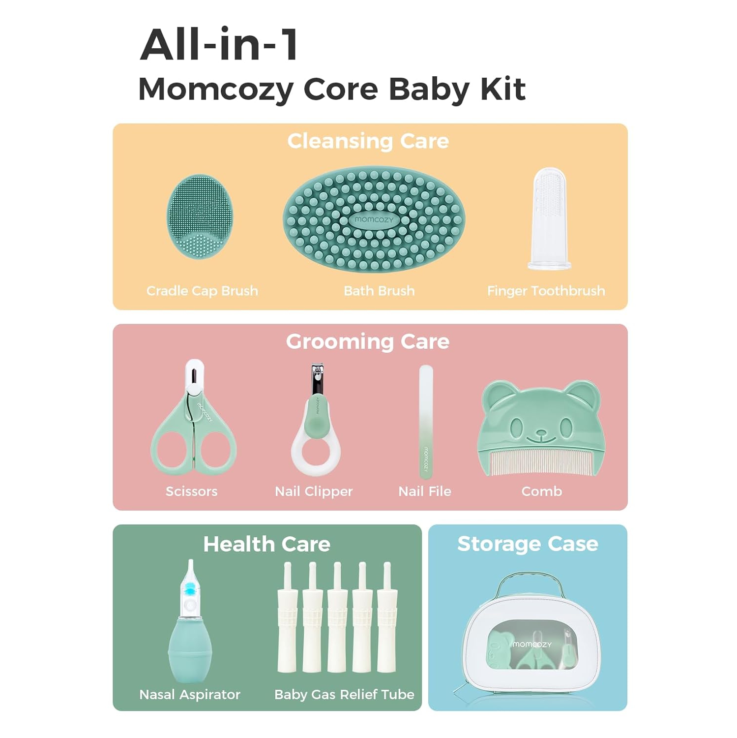 Momcozy Core Baby Kit, Baby Essential Kit for Grooming & Health & Cleansing Care, Includes Nail File Kits, Nasal Aspirator, Gas Relief Tubes, Bath