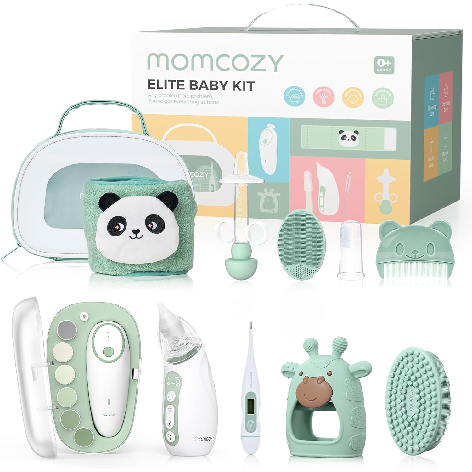Momcozy Elite Baby Kit, Superior Gift Set, Include Electric Nail File&Nasal Aspirator, Heated Tummy Wrap,Thermometer,Bath Brush,Teether,Medicine