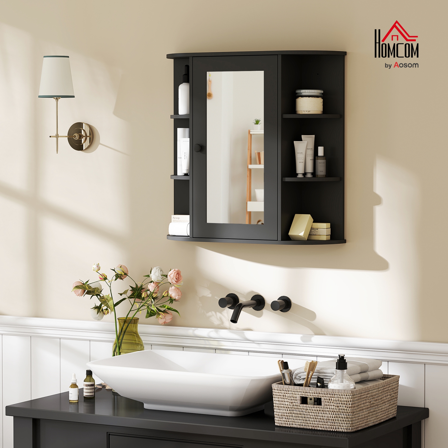 HOMCOM – Armoire à pharmacie de salle de bain avec miroir, armoire de rangement murale avec porte et tablettes en miroir, armoire miroir pour salle