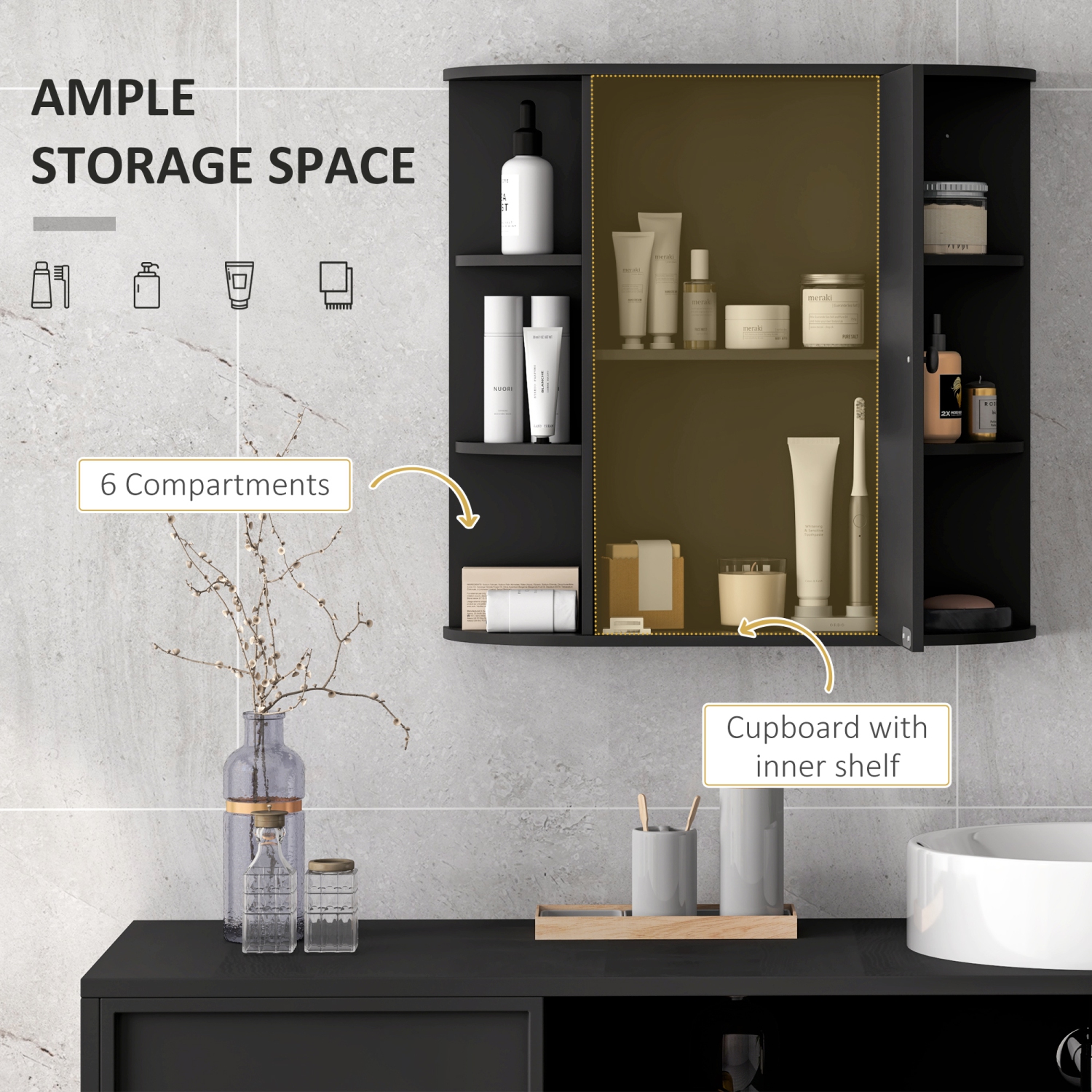 HOMCOM – Armoire à pharmacie de salle de bain avec miroir, armoire de rangement murale avec porte et tablettes en miroir, armoire miroir pour salle