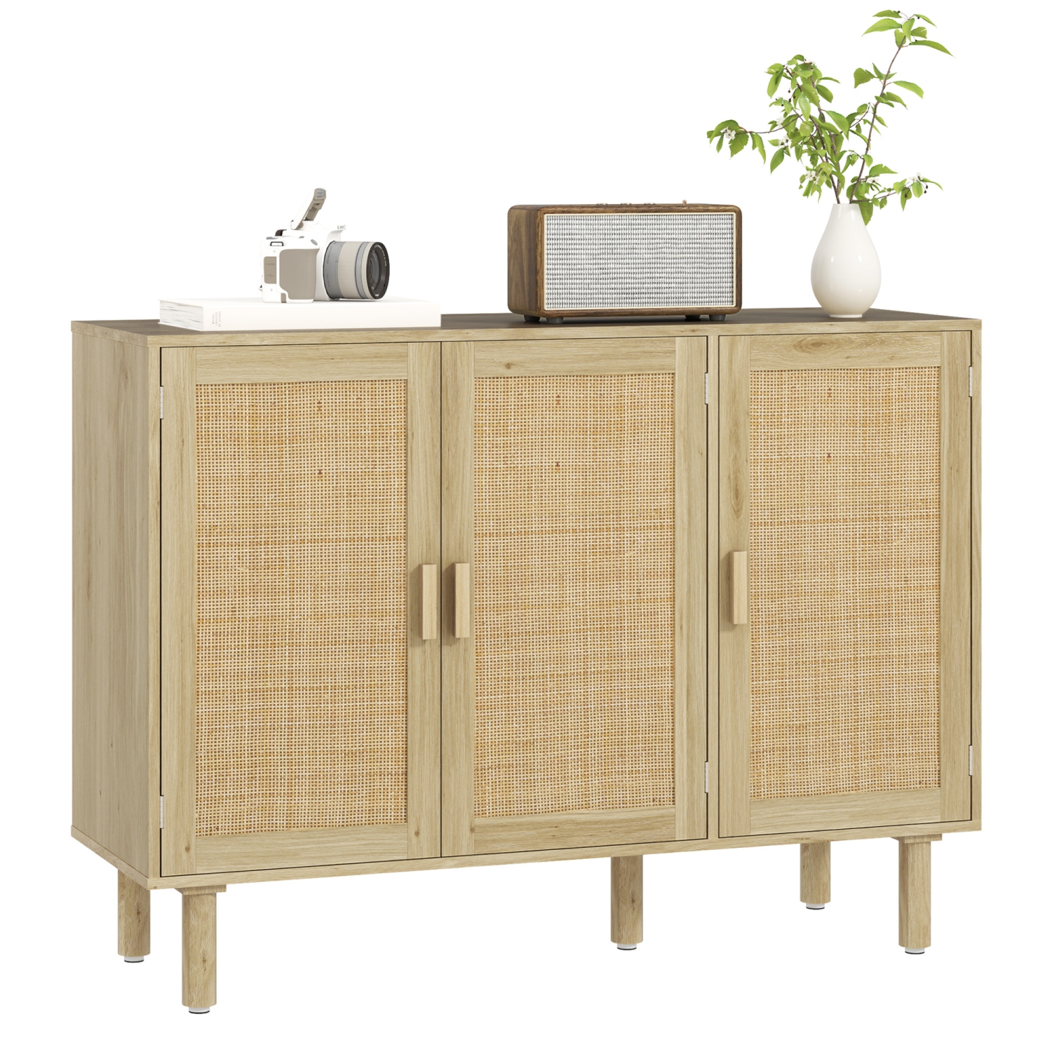 HOMCOM Boho Sideboard, 46.9" Buffet Cabinet with 3 Decorative Rattan Doors and Solid Wood Legs, Coffee Bar Cabinet with Shelves for Living Room,