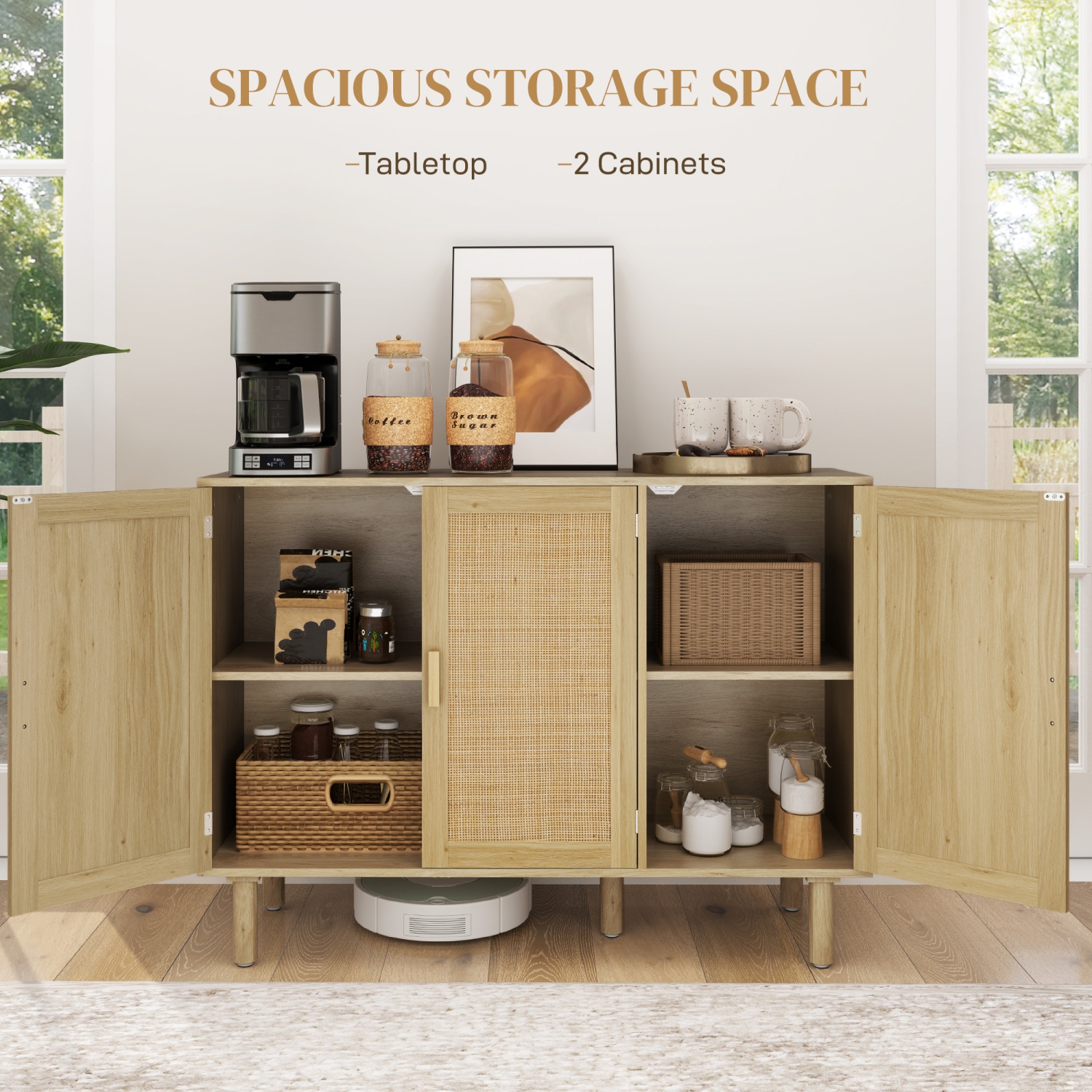 HOMCOM Boho Sideboard, 46.9" Buffet Cabinet with 3 Decorative Rattan Doors and Solid Wood Legs, Coffee Bar Cabinet with Shelves for Living Room,