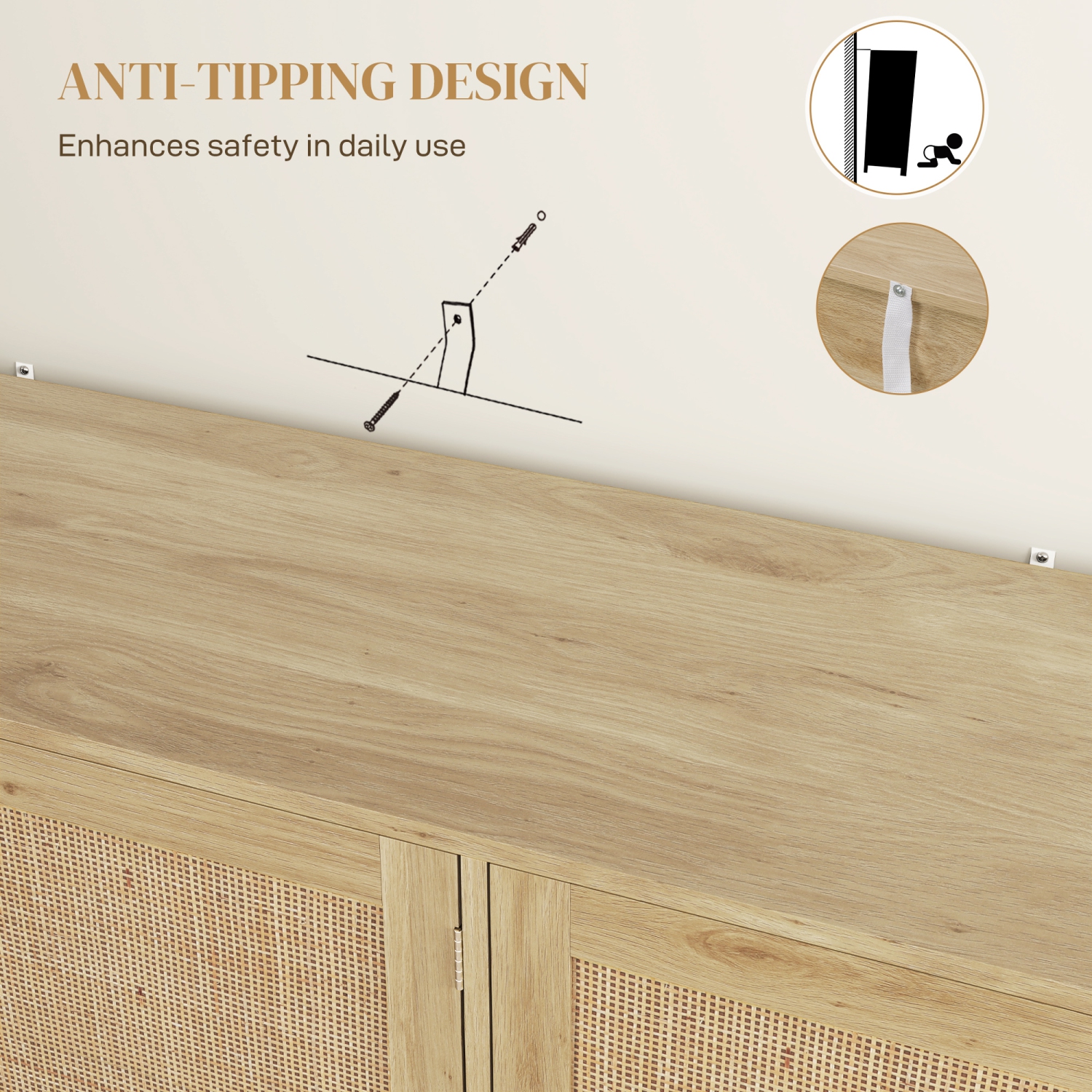 HOMCOM Boho Sideboard, 46.9" Buffet Cabinet with 3 Decorative Rattan Doors and Solid Wood Legs, Coffee Bar Cabinet with Shelves for Living Room,