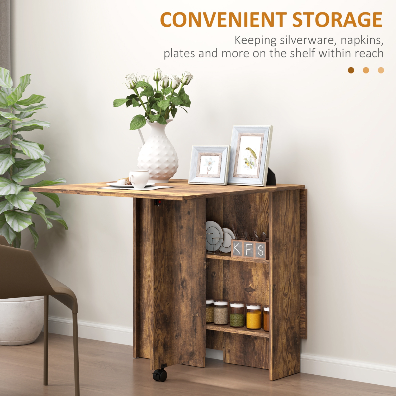 HOMCOM – Table pliante à abattant pour petits espaces avec 2 tablettes, petite table de cuisine avec roulettes, brun rustique