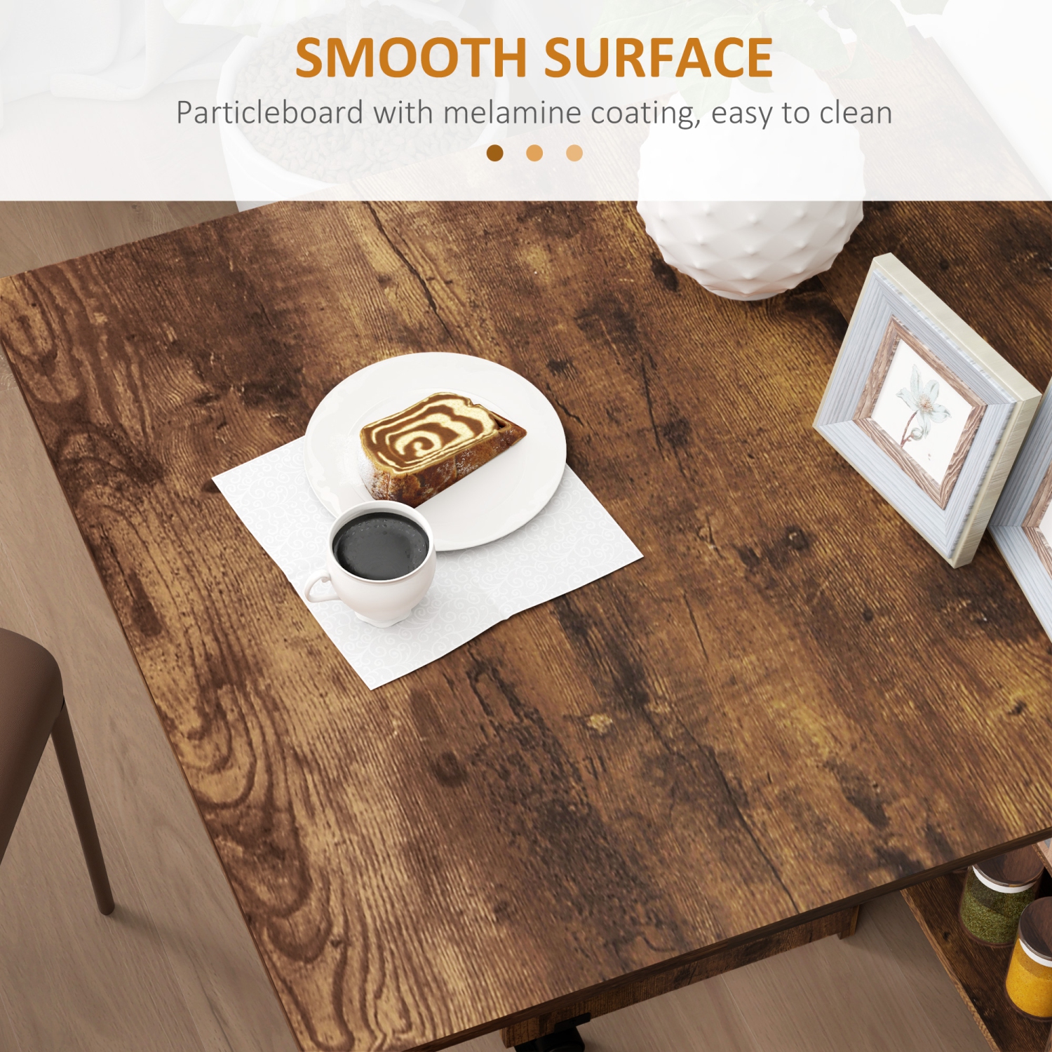 HOMCOM – Table pliante à abattant pour petits espaces avec 2 tablettes, petite table de cuisine avec roulettes, brun rustique