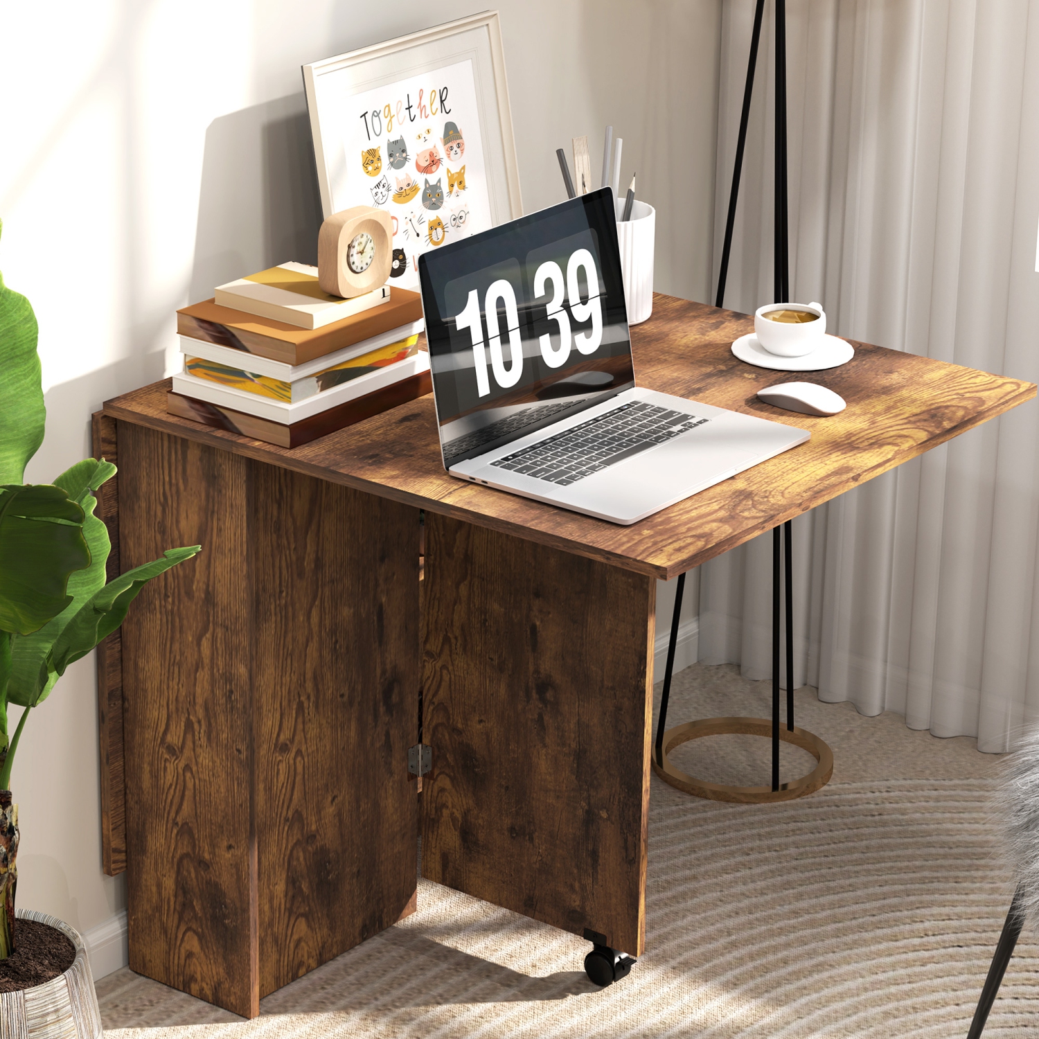 HOMCOM – Table pliante à abattant pour petits espaces avec 2 tablettes, petite table de cuisine avec roulettes, brun rustique