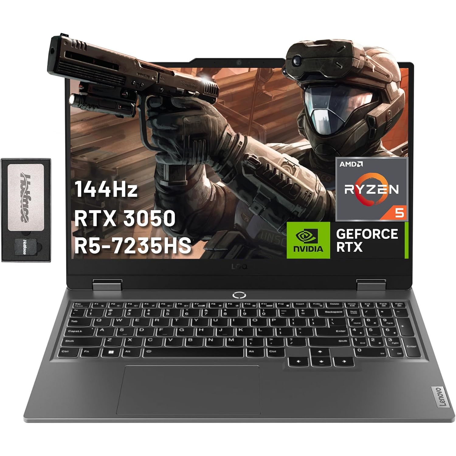 Lenovo LOQ 15.6" FHD 144Hz Gaming Laptop, AMD Ryzen 5 7235HS, 32GB DDR5, 1TB SSD, NVIDIA GeForce RTX 3050, Backlit Keyboard, Win 11 Pro, Luna Grey, 128GB Docking Station Set