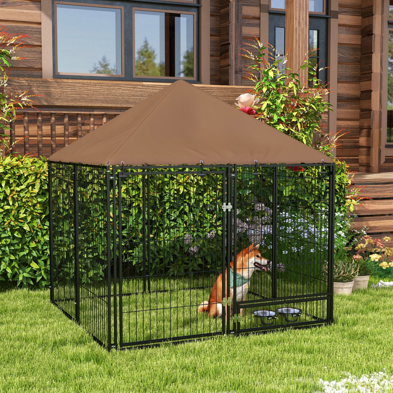 PawHut Large Dog Run, 4.6' x 4.6' x 5' Outdoor Dog Kennel with Canopy, Rotating Bowls, Door for Backyard & Garden, Coffee