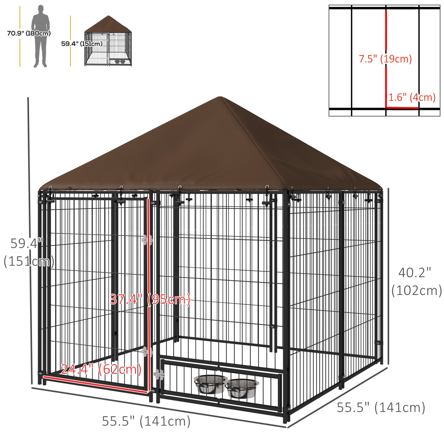 PawHut Large Dog Run, 4.6' x 4.6' x 5' Outdoor Dog Kennel with Canopy, Rotating Bowls, Door for Backyard & Garden, Coffee
