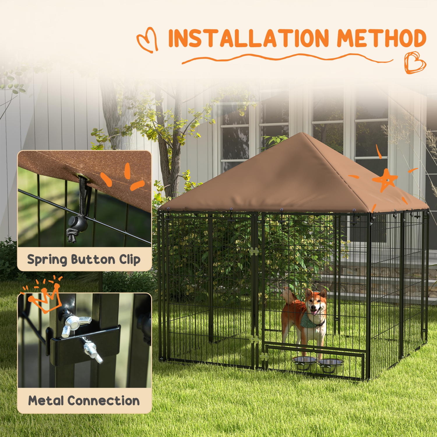 PawHut Large Dog Run, 4.6' x 4.6' x 5' Outdoor Dog Kennel with Canopy, Rotating Bowls, Door for Backyard & Garden, Coffee