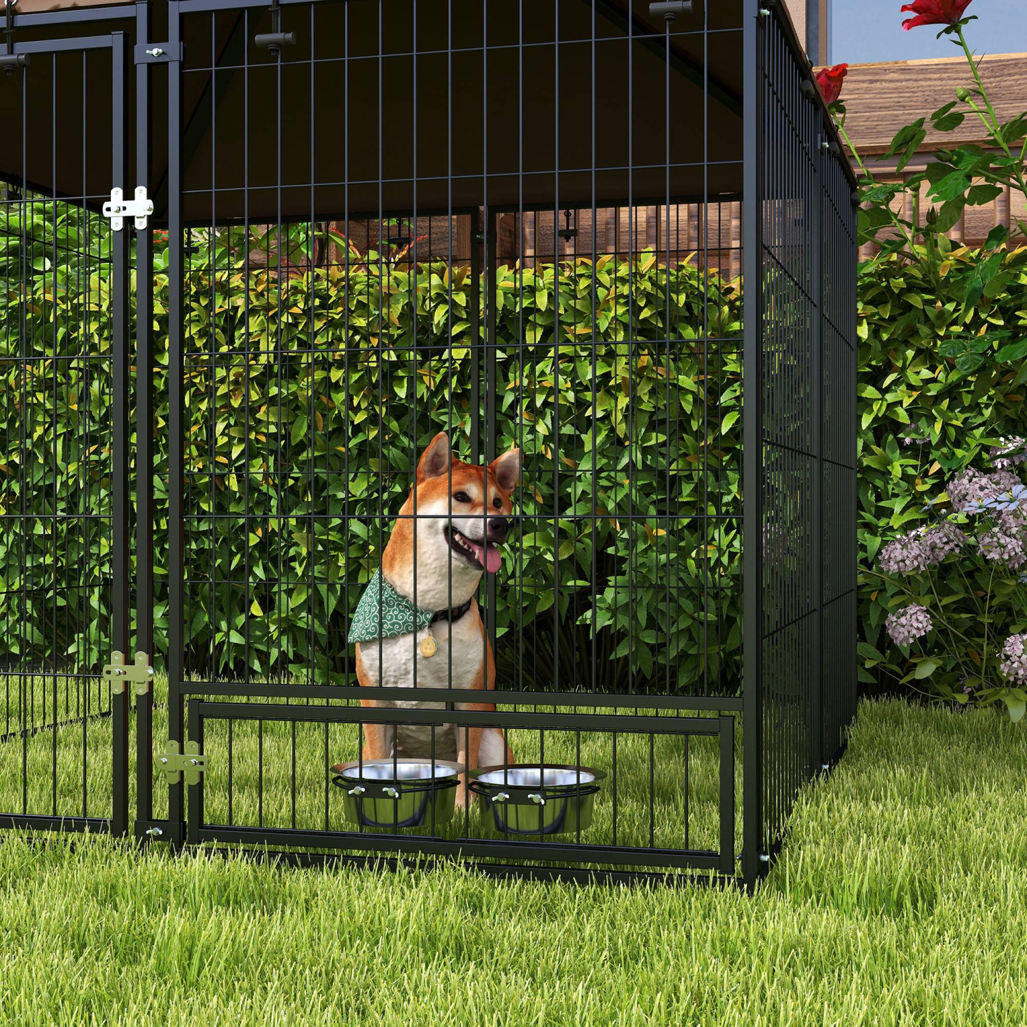 PawHut Large Dog Run, 4.6' x 4.6' x 5' Outdoor Dog Kennel with Canopy, Rotating Bowls, Door for Backyard & Garden, Coffee