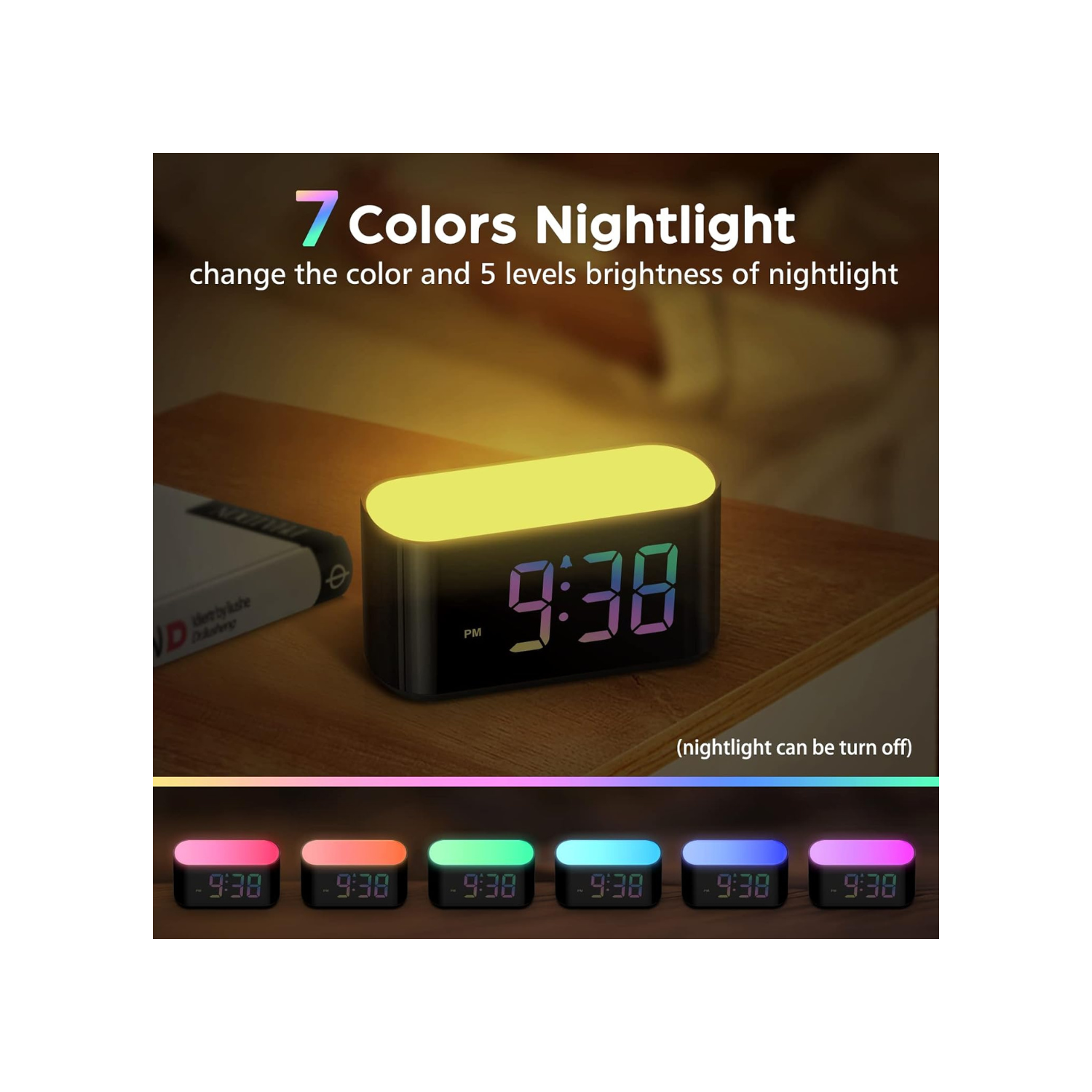 Rainbow Alarm Clock for Bedroom, Large Display with Dimmer, Large Night Light with 7 Colors, Dual Alarm, True Battery Backup, Colorful Clock for