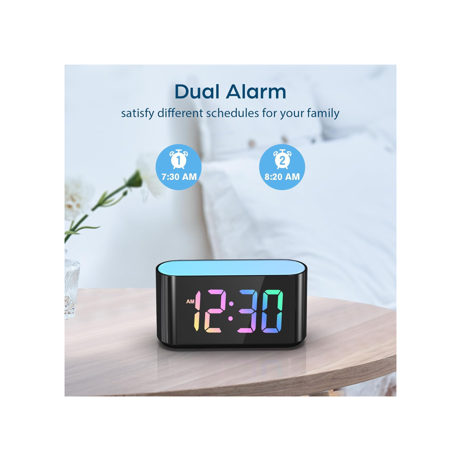 Rainbow Alarm Clock for Bedroom, Large Display with Dimmer, Large Night Light with 7 Colors, Dual Alarm, True Battery Backup, Colorful Clock for