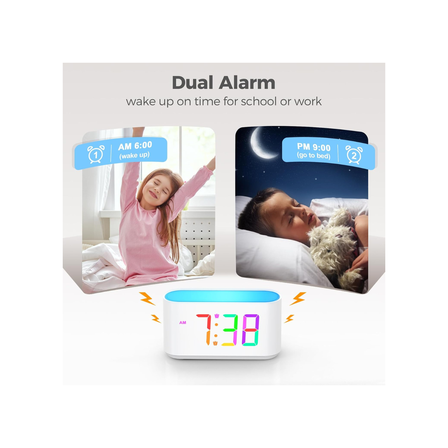 Alarm Clock for Bedrooms, Large Display Digital Clocks with 2 Alarms, 7 Color Larger Night Light, Battery Backup, Dimmer, Adjustable Volume, Easy