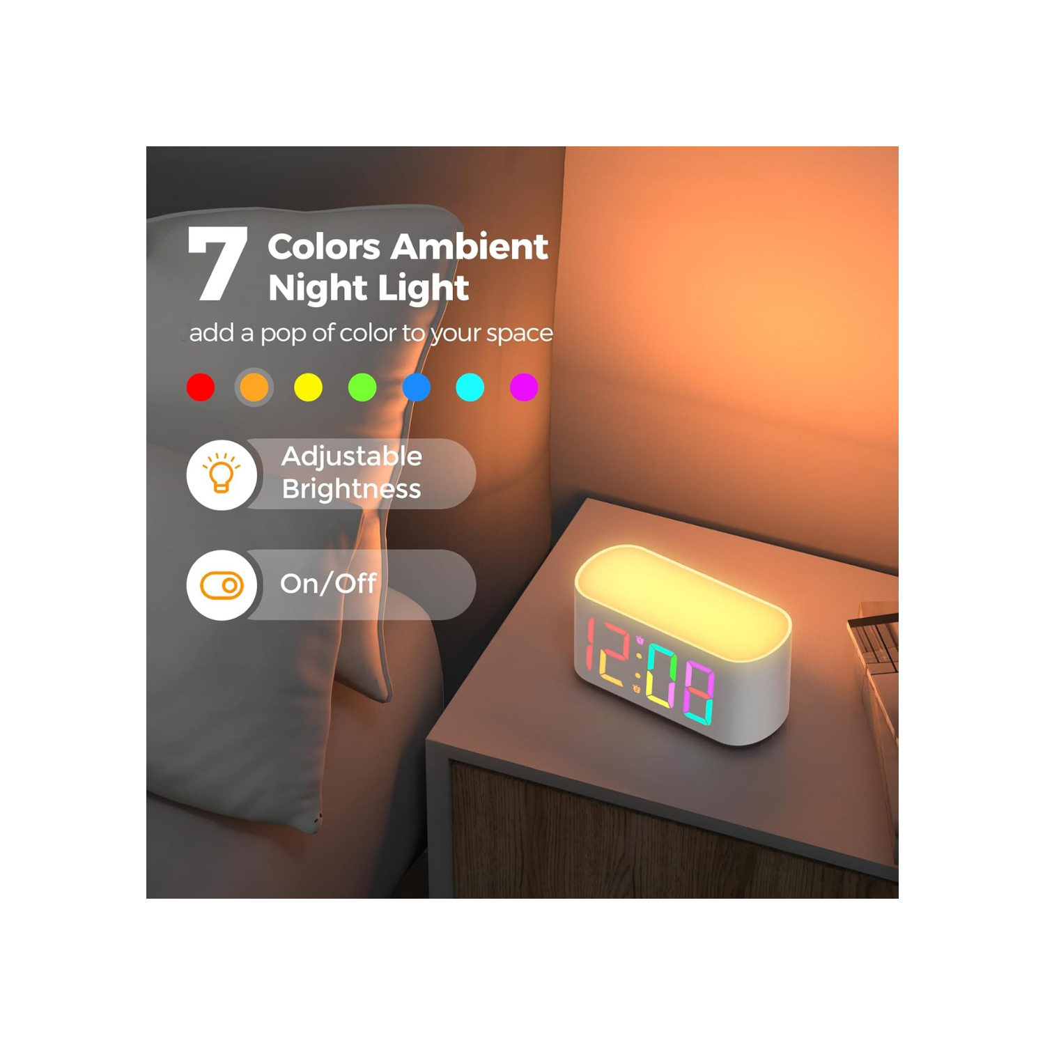 Alarm Clock for Bedrooms, Large Display Digital Clocks with 2 Alarms, 7 Color Larger Night Light, Battery Backup, Dimmer, Adjustable Volume, Easy