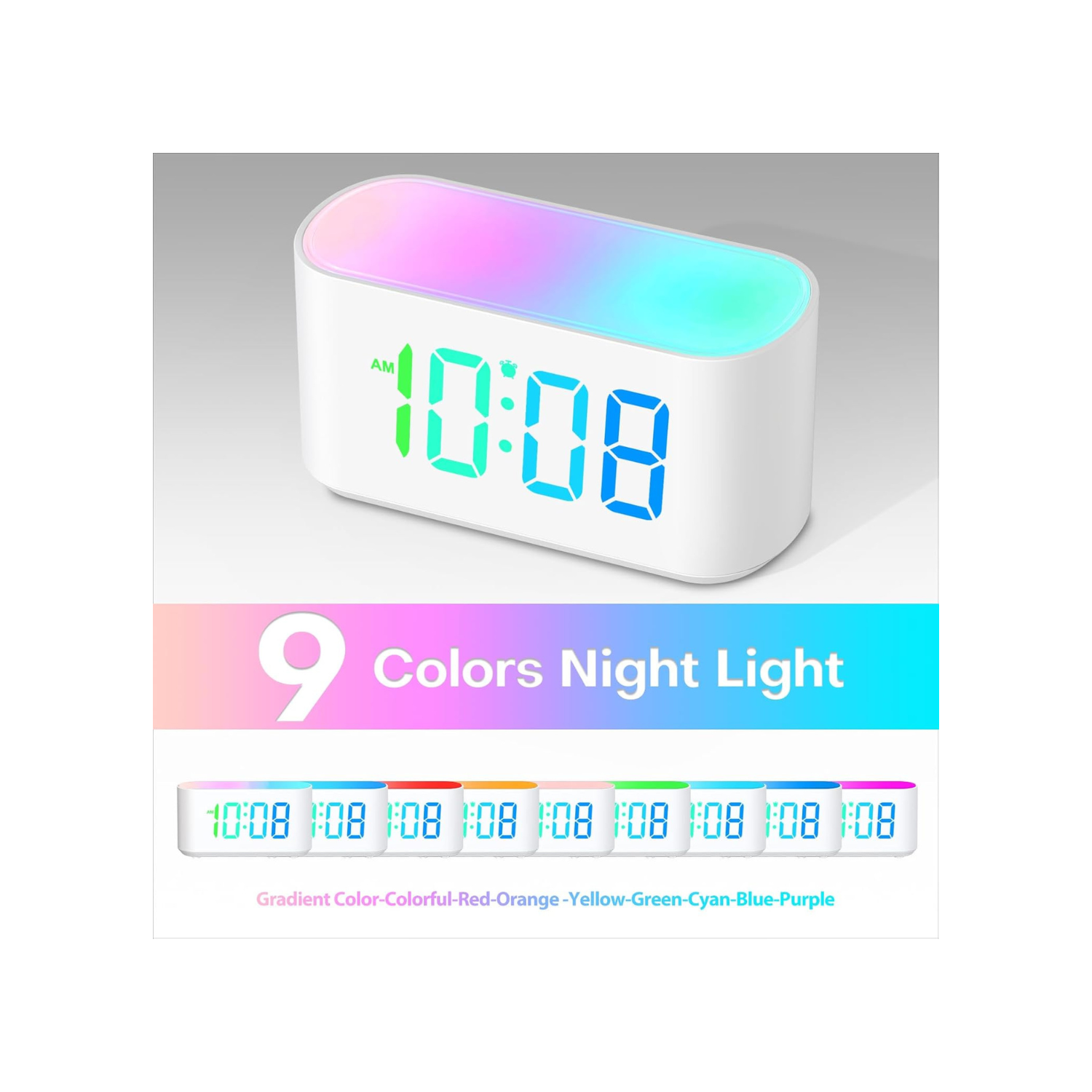 Alarm Clock for Bedrooms, Large Display Digital Clocks with 2 Alarms, 7 Color Larger Night Light, Battery Backup, Dimmer, Adjustable Volume, Easy
