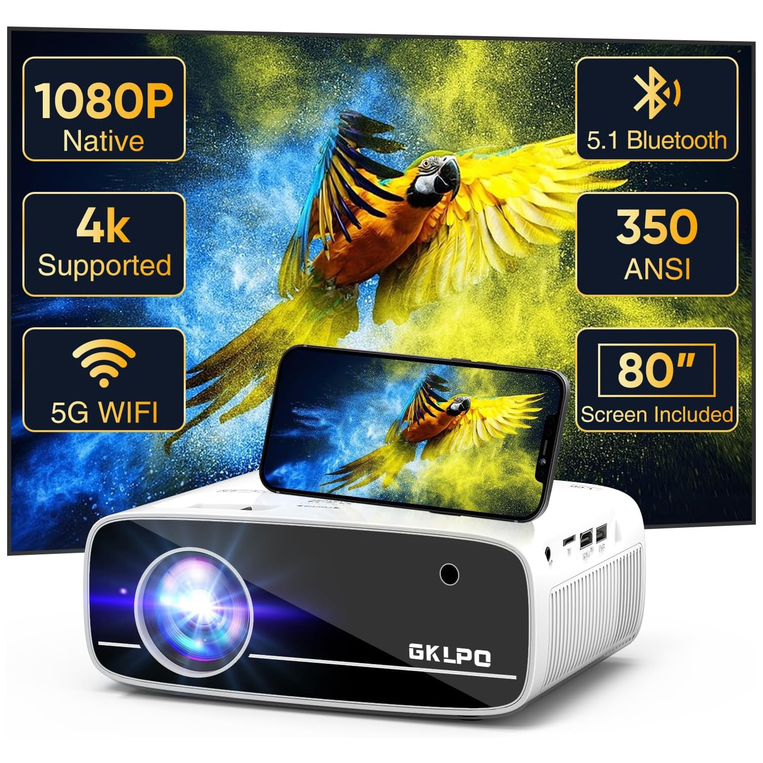 Projecteur 4K avec Wi-Fi 5G et Bluetooth bidirectionnel, projecteur de cinéma extérieur portatif natif 1080p avec écran de projection, mini