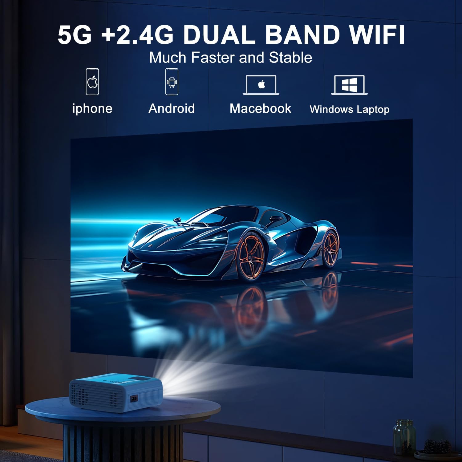 Projecteur 4K avec Wi-Fi 5G et Bluetooth bidirectionnel, projecteur de cinéma extérieur portatif natif 1080p avec écran de projection, mini
