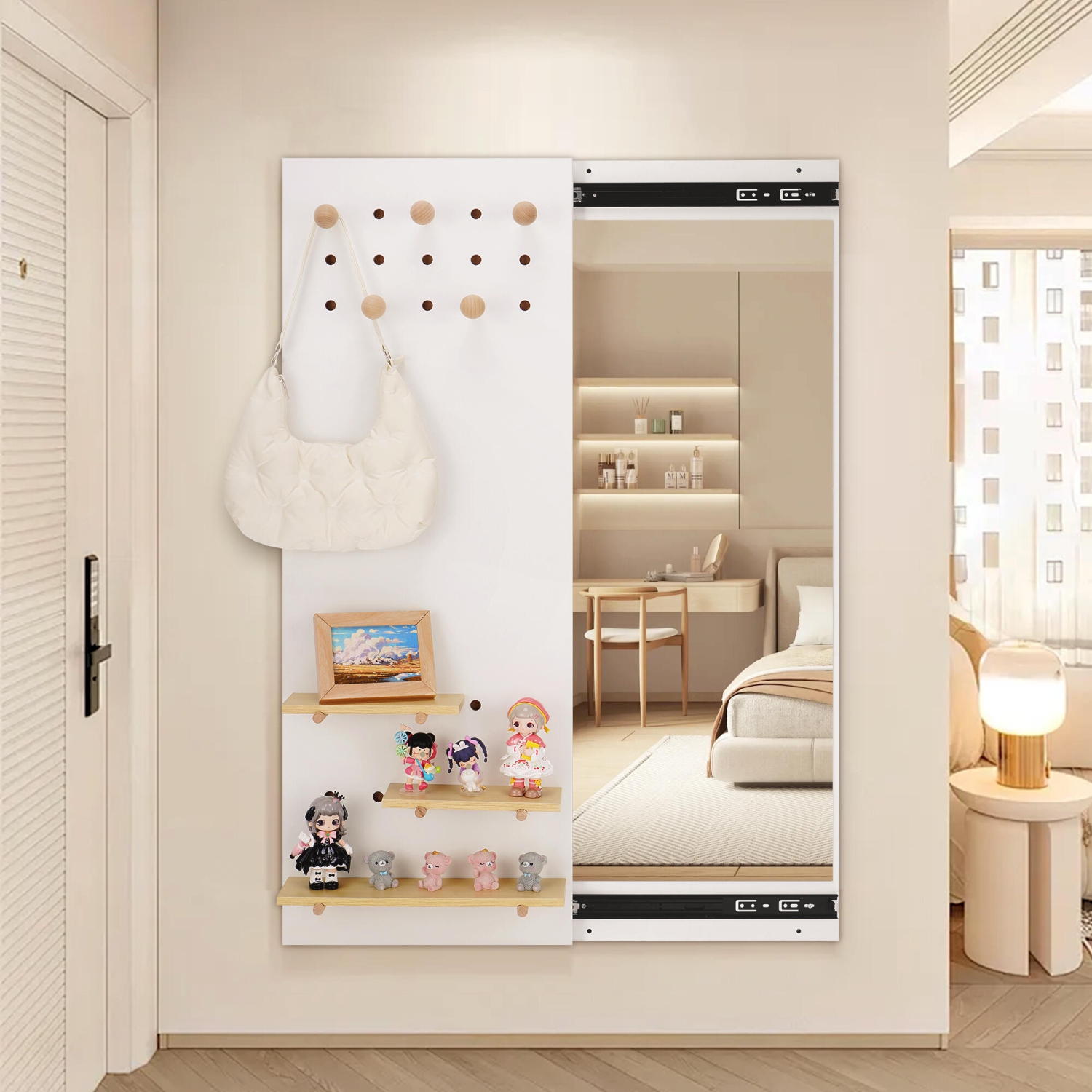 Miroir de chambre 2-en-1 avec tablette coulissante à panneaux perforés, armoire murale avec miroir dissimulé dans l'entrée