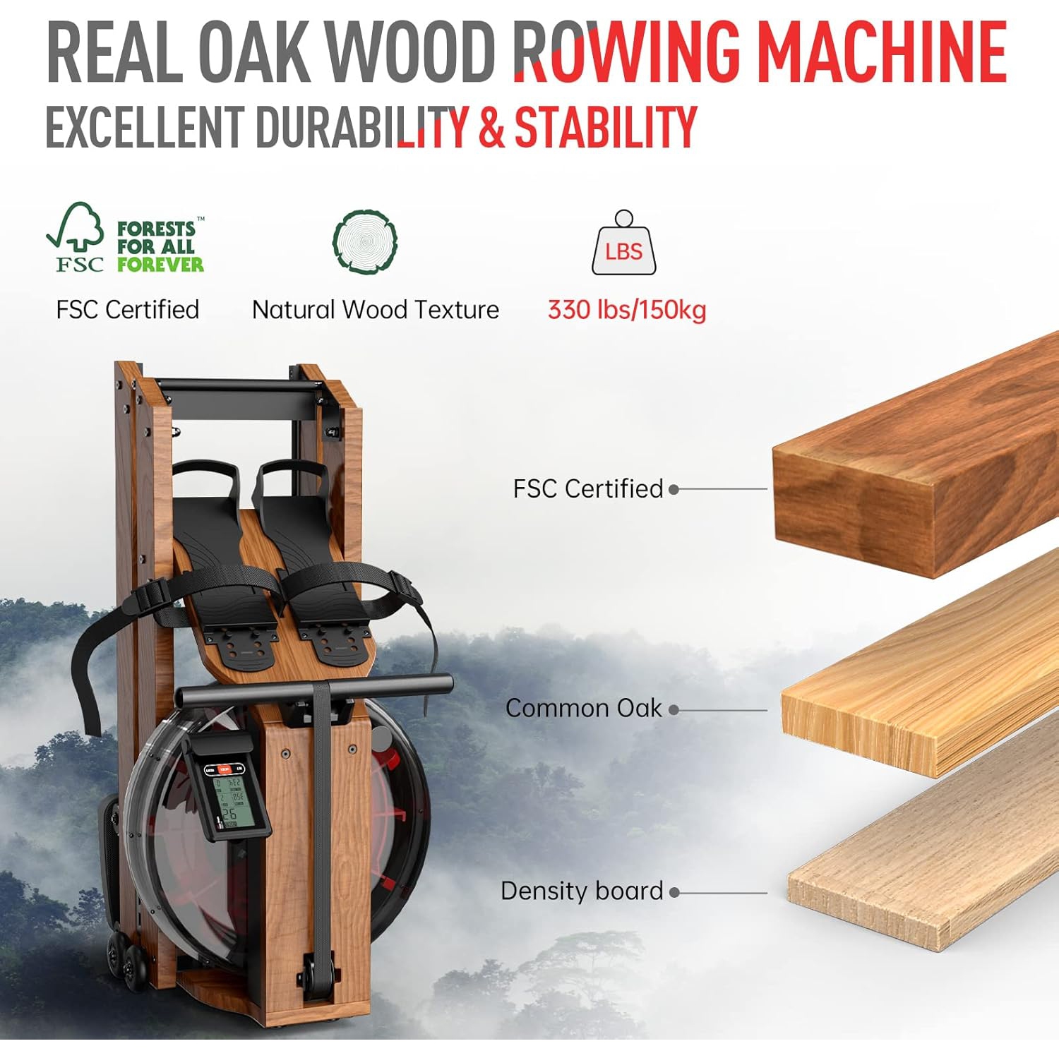 JOROTO MR280 Water Rowing Machine for Home Use Oak Wood Foldable Rower Machine 330lbs Weight Capacity with Bluetooth Monitor Phone Holder Heart Rate