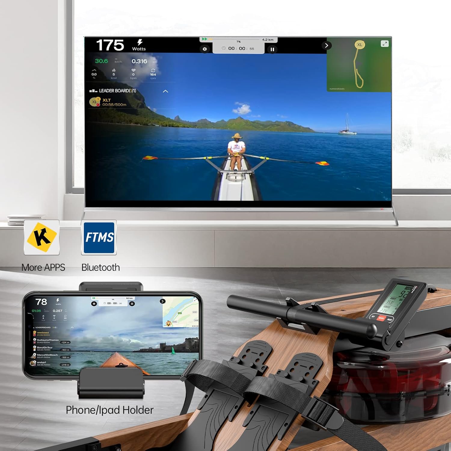 JOROTO MR280 Water Rowing Machine for Home Use Oak Wood Foldable Rower Machine 330lbs Weight Capacity with Bluetooth Monitor Phone Holder Heart Rate