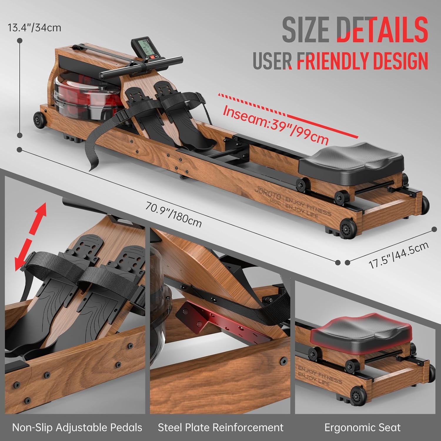 JOROTO MR280 Water Rowing Machine for Home Use Oak Wood Foldable Rower Machine 330lbs Weight Capacity with Bluetooth Monitor Phone Holder Heart Rate