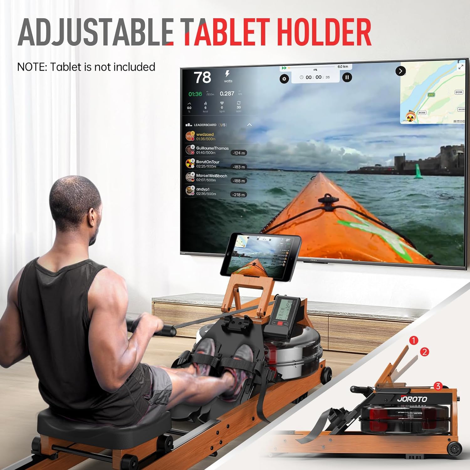 JOROTO MR280PRO Water Rowing Machine for Home Use, Oak Wood Foldable Rower Machine 330lbs Weight Capacity with Bluetooth Monitor, Adjustable Tablet