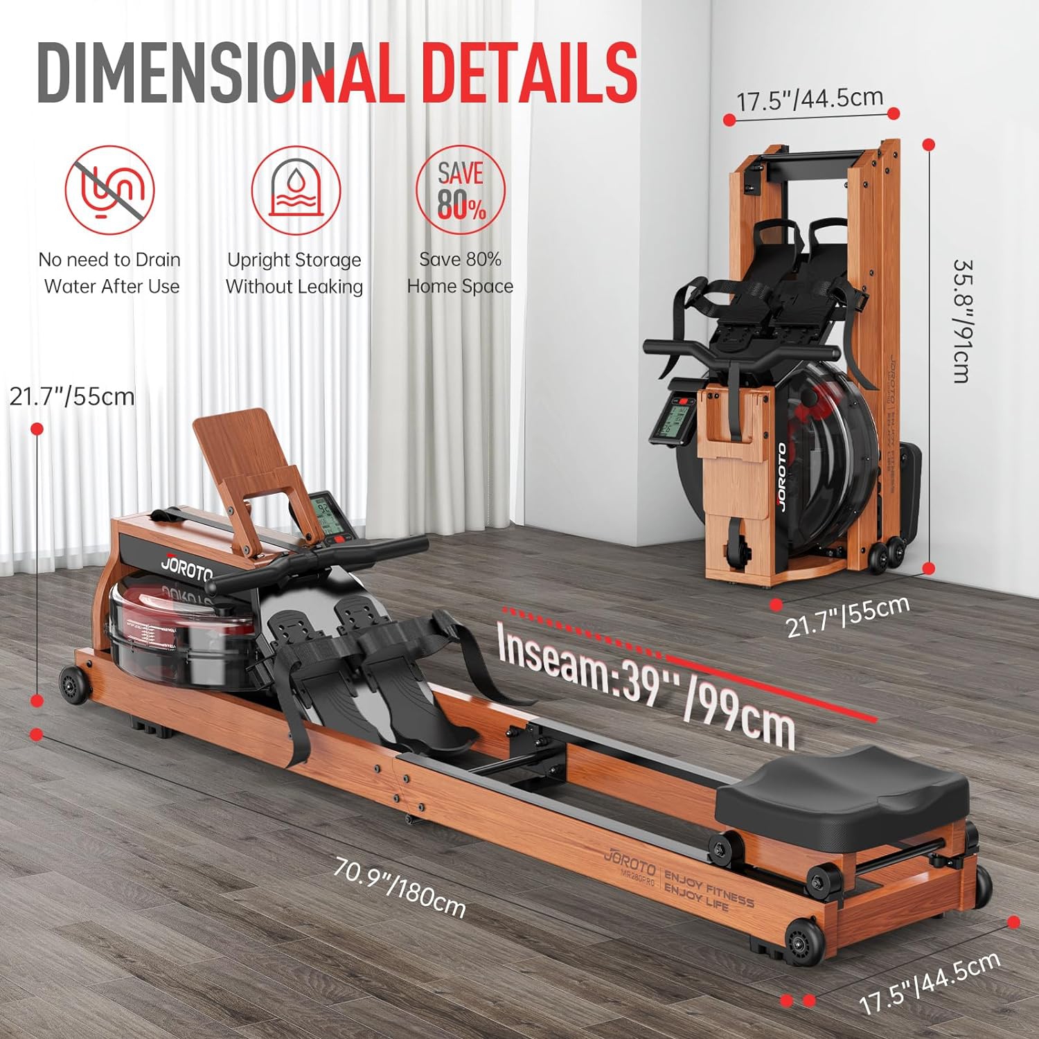 JOROTO MR280PRO Water Rowing Machine for Home Use, Oak Wood Foldable Rower Machine 330lbs Weight Capacity with Bluetooth Monitor, Adjustable Tablet