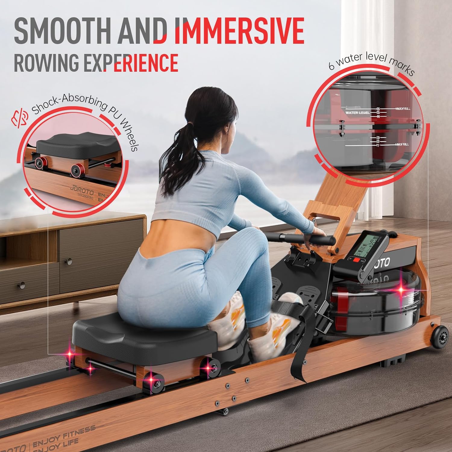 JOROTO MR280PRO Water Rowing Machine for Home Use, Oak Wood Foldable Rower Machine 330lbs Weight Capacity with Bluetooth Monitor, Adjustable Tablet