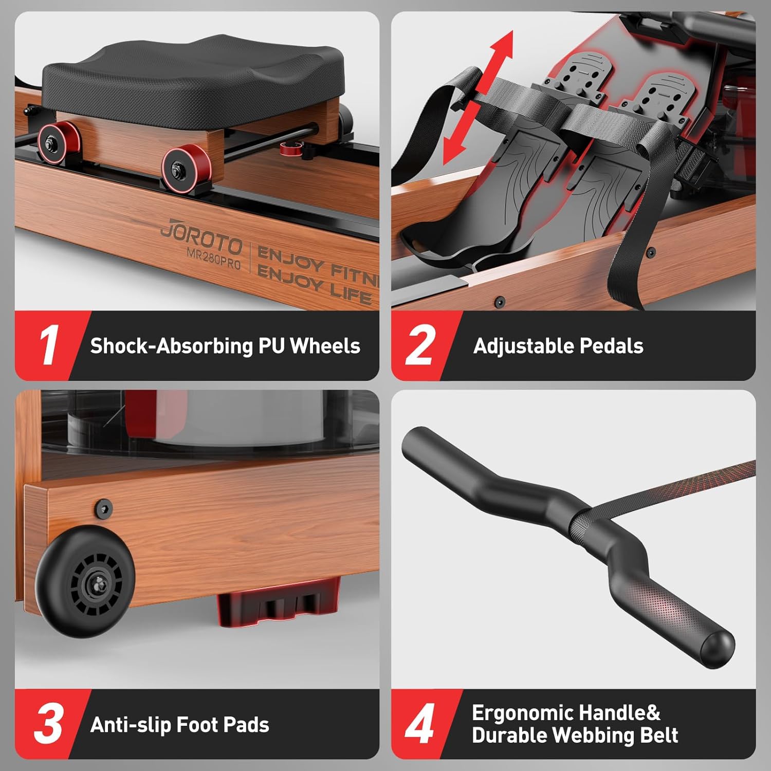 JOROTO MR280PRO Water Rowing Machine for Home Use, Oak Wood Foldable Rower Machine 330lbs Weight Capacity with Bluetooth Monitor, Adjustable Tablet