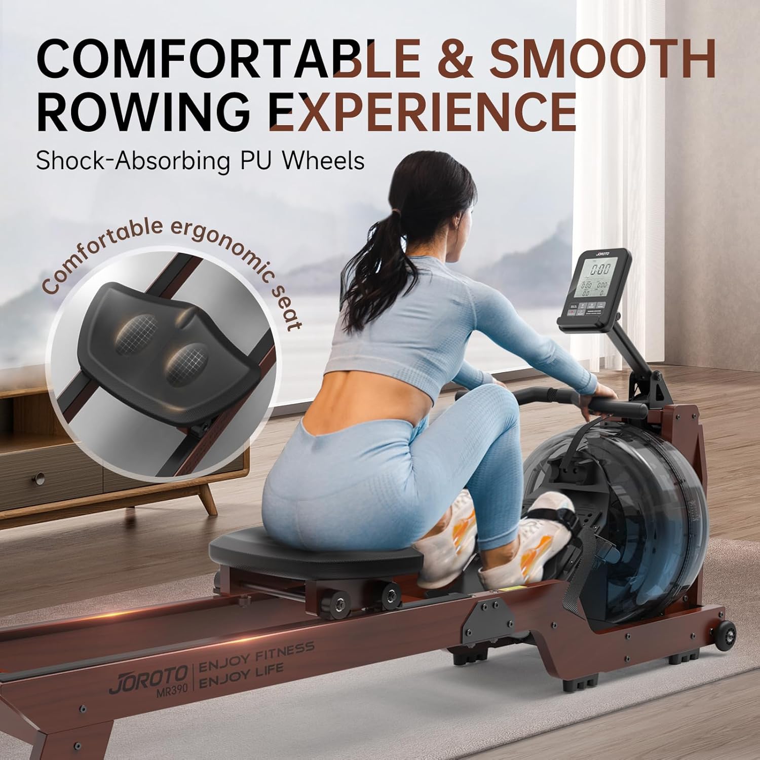 JOROTO Water Rowing Machine for Home 7 Levels of Adjustable Water Resistance 330LB Weight Capacity Rower Machine with Bluetooth Function LCD Monitor