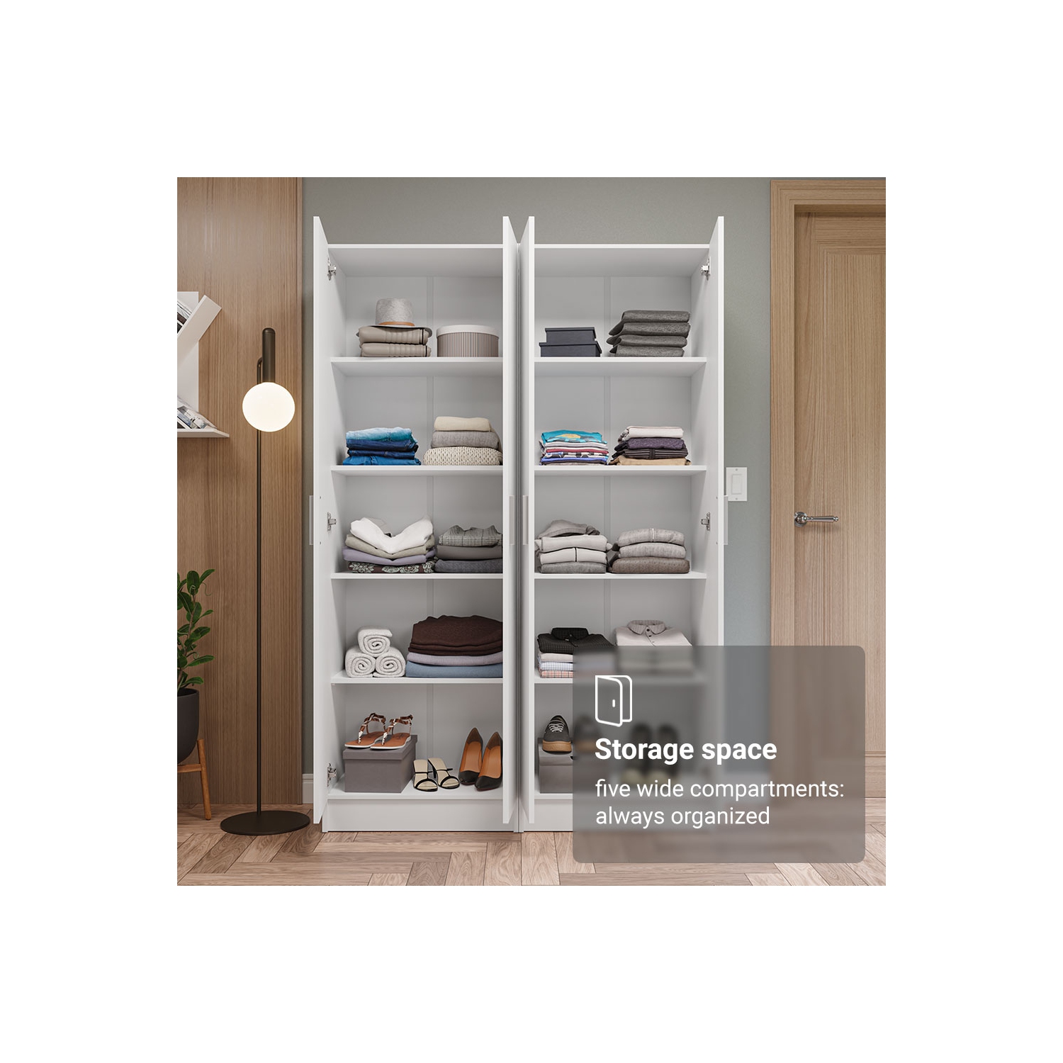 Madesa Wardrobe Armoire Closet Pantry Storage Cabinet with 4 Doors and 10 Utility Shelves 47"L Wooden Organization Unit for Bedroom, Office - White