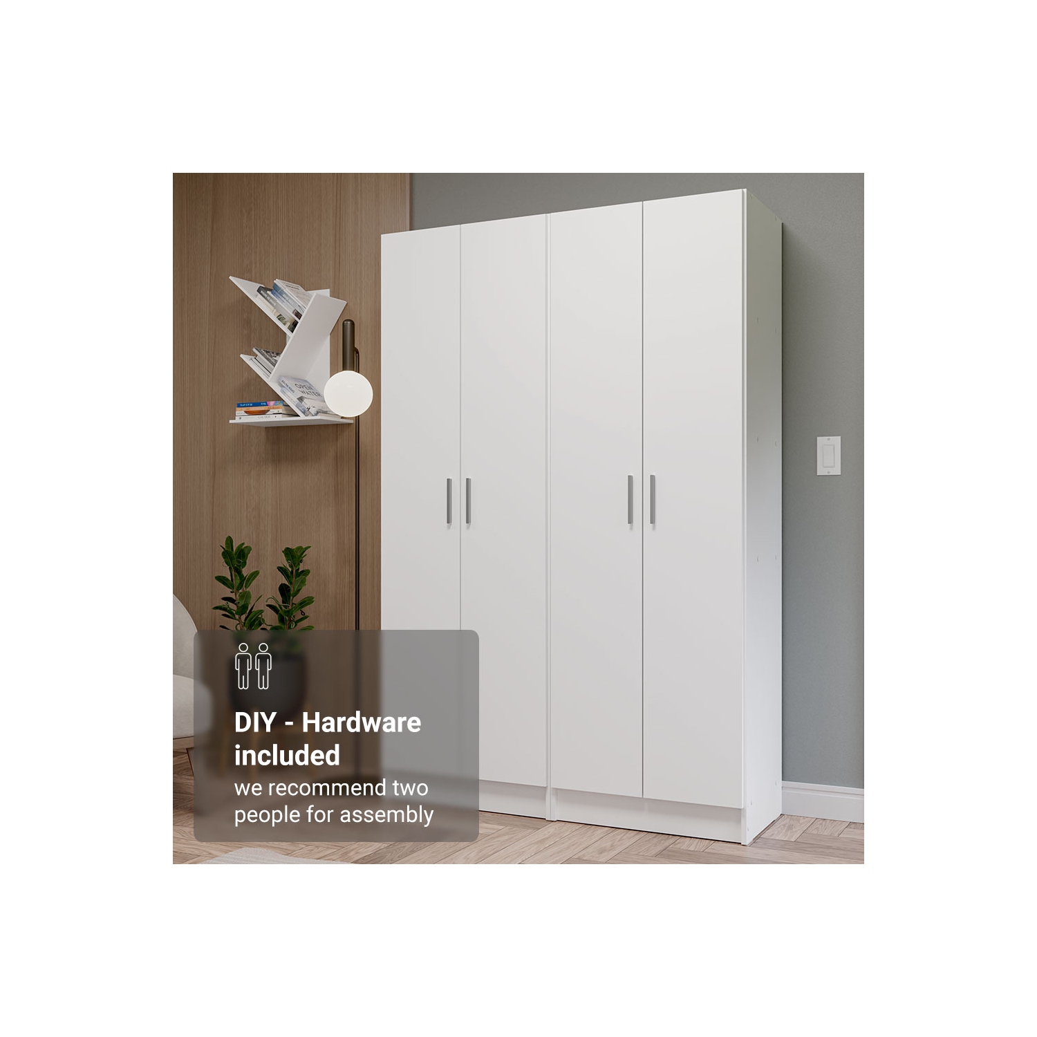 Madesa Wardrobe Armoire Closet Pantry Storage Cabinet with 4 Doors and 10 Utility Shelves 47"L Wooden Organization Unit for Bedroom, Office - White