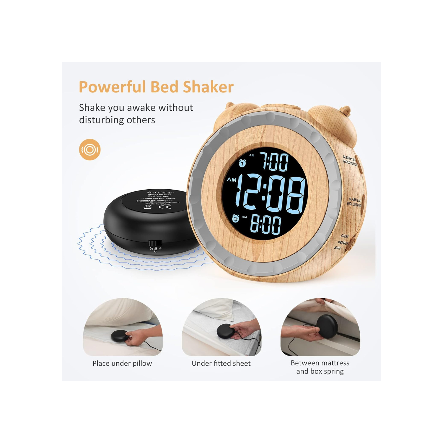 Loud Dual Alarm Clock with Bed Shaker - 0-100% Dimmer, Vibrating Alarm Clock for Heavy Sleepers or Hearing Impaired, Easy to Set, USB Charging Port,