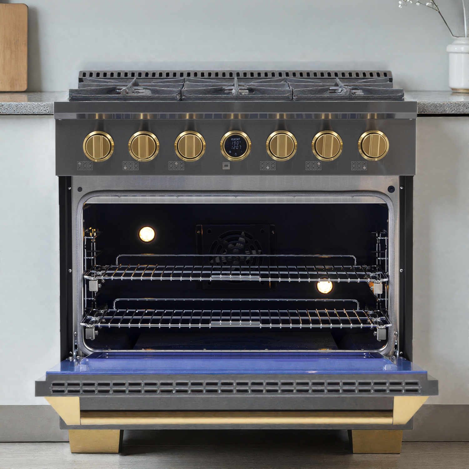 Four à micro-ondes Professional 36&nbsp;po de KitchenAid, 5,2 pi³ avec Cuisinière biénergie à 6 brûleurs pour cuisinière au gaz propane Gemstone +