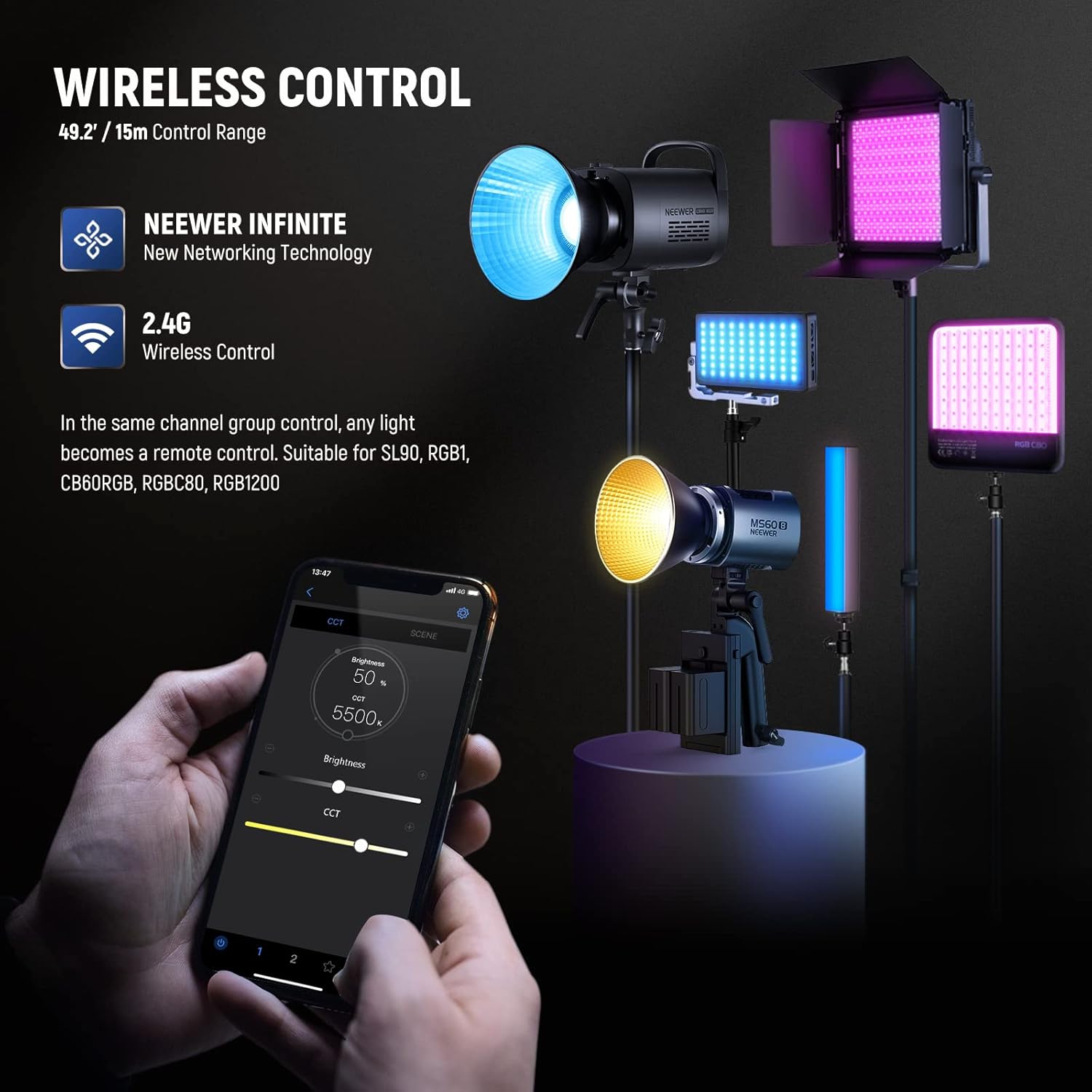 Remis à neuf - Lampe vidéo LED bicolore 60&nbsp;B de NEEWER avec commande 2,4 GHz/APPLICATION, éclairage de sortie continue 65&nbsp;W mini portatif