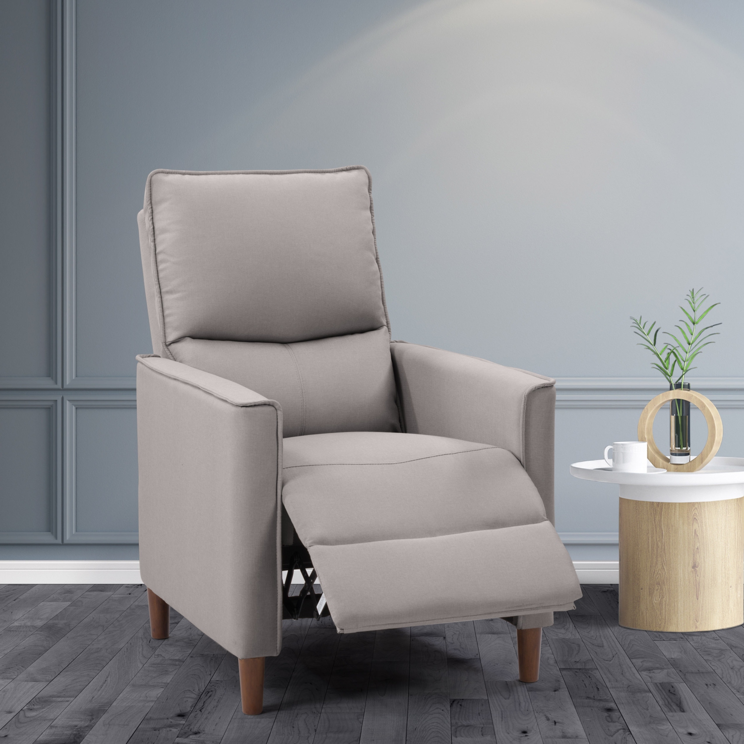 Corliving Upholstered Manual Recliner, Modern Recliner for Small Spaces, for Living Room, Bedroom, Light Grey