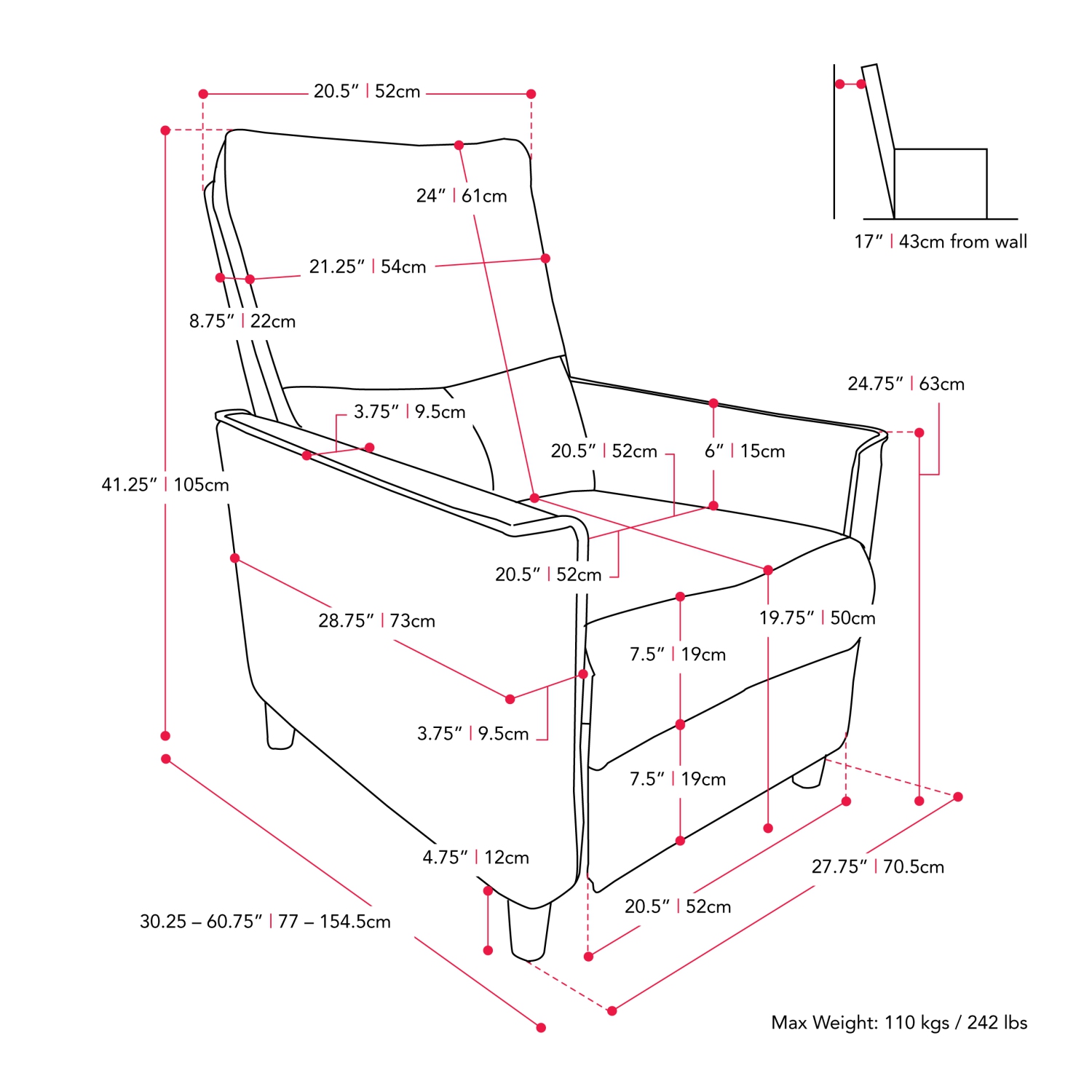 Corliving Upholstered Manual Recliner, Modern Recliner for Small Spaces, for Living Room, Bedroom, Light Grey