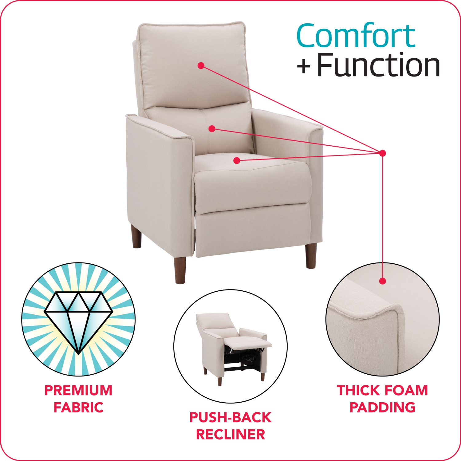 Corliving Upholstered Manual Recliner, Modern Recliner for Small Spaces, for Living Room, Bedroom, Beige