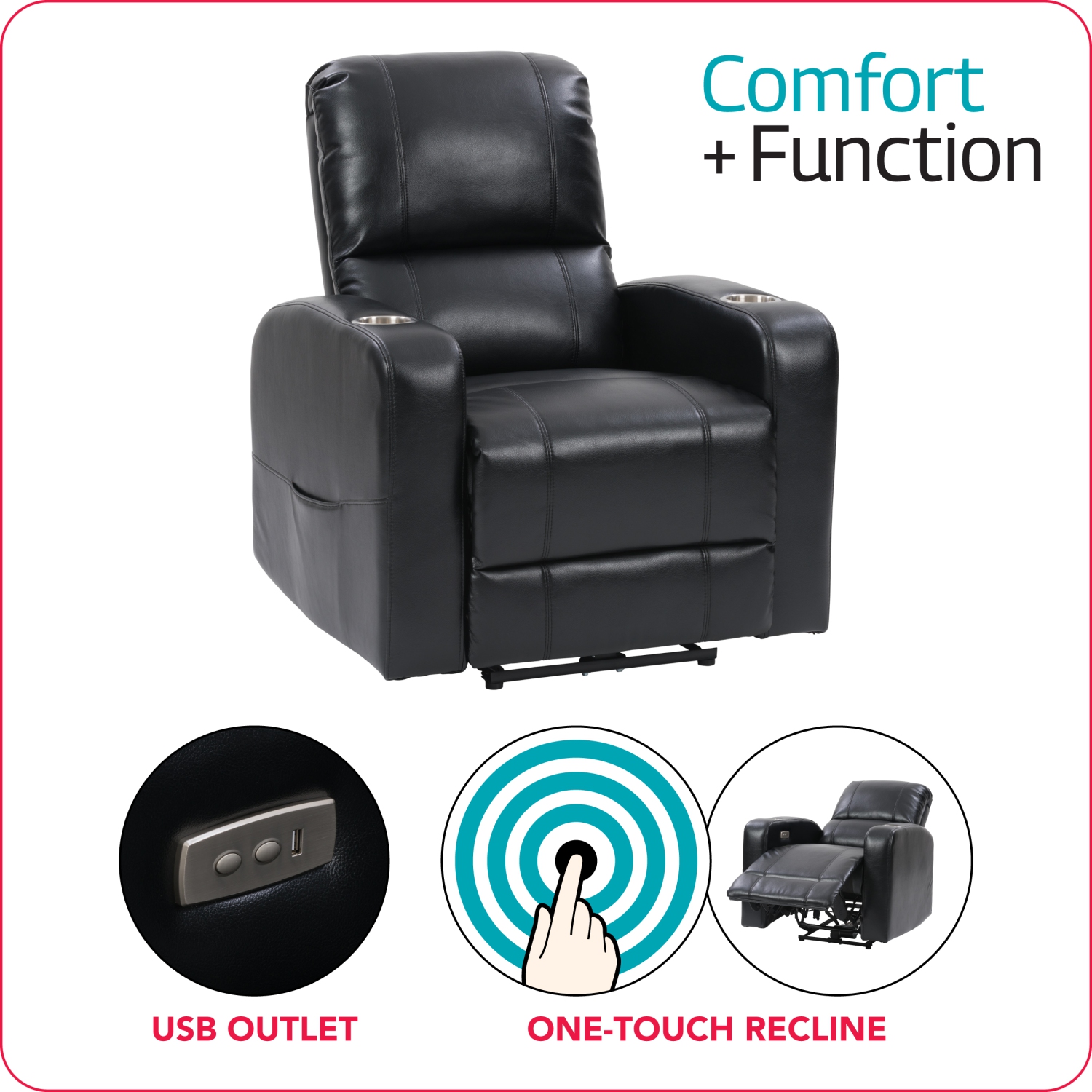 Corliving Power Recliner with Cup Holder, Home Theater Recliner PU Fabric, for Living Room, Home Theater, Black
