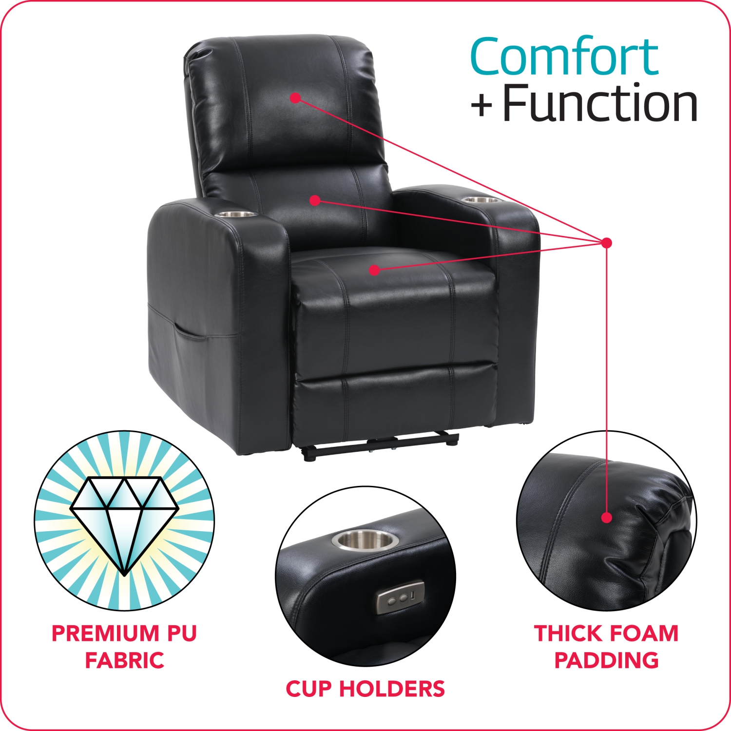 Corliving Power Recliner with Cup Holder, Home Theater Recliner PU Fabric, for Living Room, Home Theater, Black