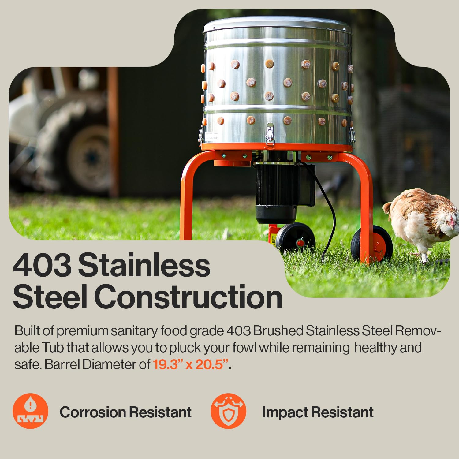 SuperHandy Chicken Plucker 1HP 120VAC - Electric Stainless Steel Poultry Processing Machine with 92 Soft Fingers, 20" Drum, GFCI Safety & Waterproof