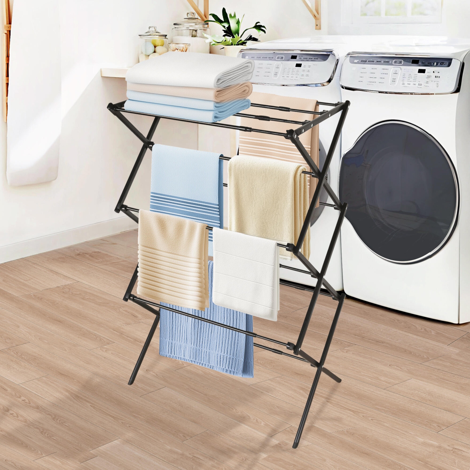 Support de séchage extensible, support de séchage avec largeur réglable 53 cm à 100 cm pour le rangement intérieur extérieur, noir