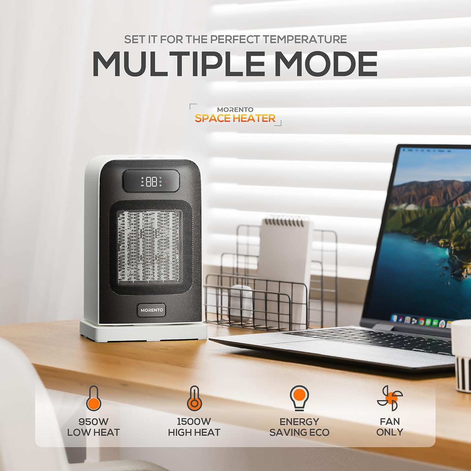 MORENTO Space Heaters for Indoor, 1500W Electric Heater, Room Heater with Heating and Fan Modes in Office with Thermostat, Small Space Heaters for
