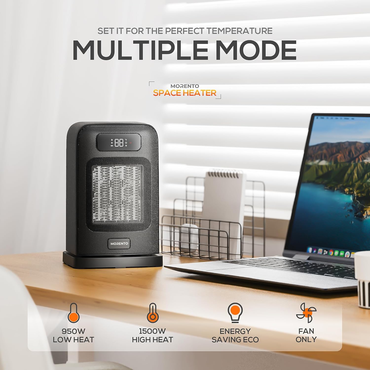 MORENTO Space Heaters for Indoor, 1500W Electric Heater, Room Heater with Heating and Fan Modes in Office with Thermostat, Small Space Heaters for