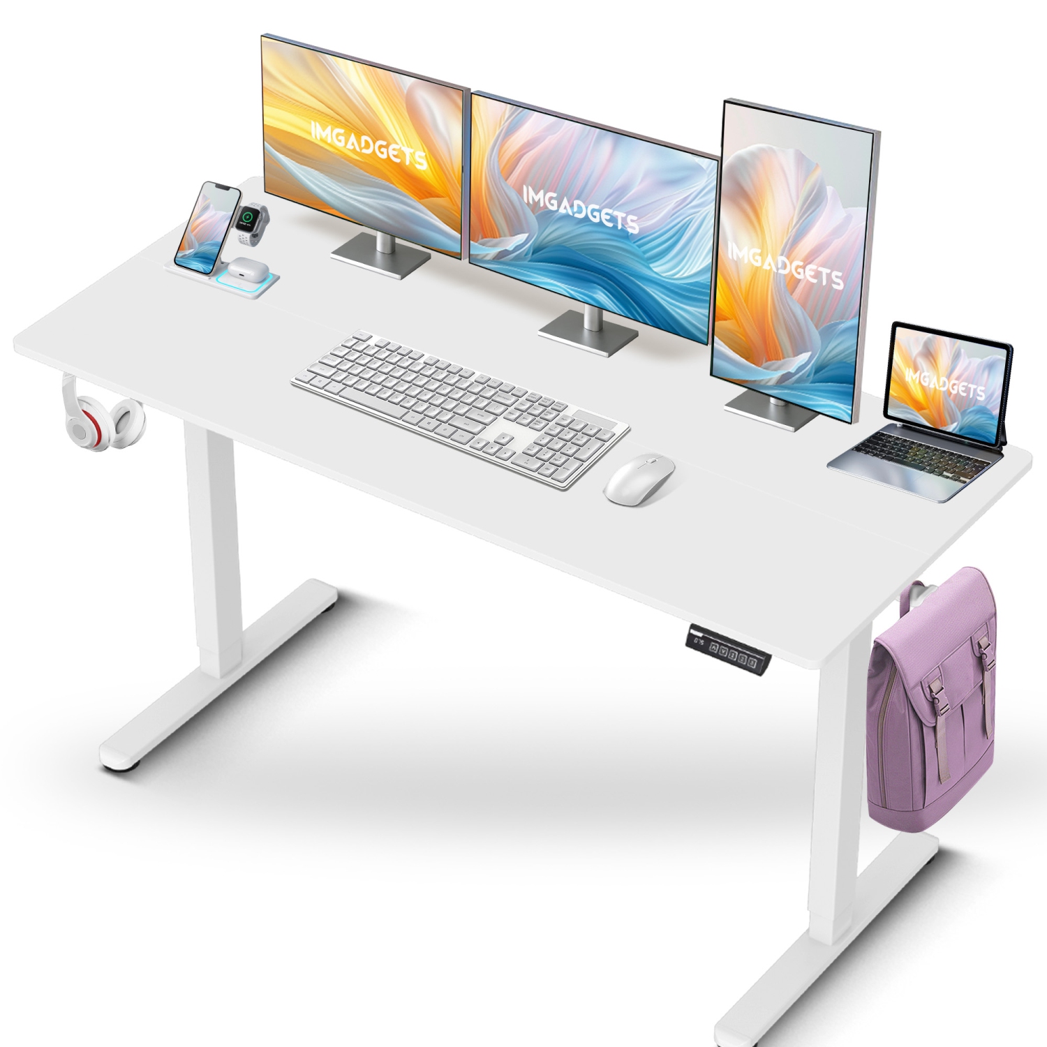 IMGadgets Standing Electric Adjustable Desk | 55'' x 24'' Large Workspace with 2 hooks | Ergonomic Sit-Stand Desk | 3-Memory Settings | Height