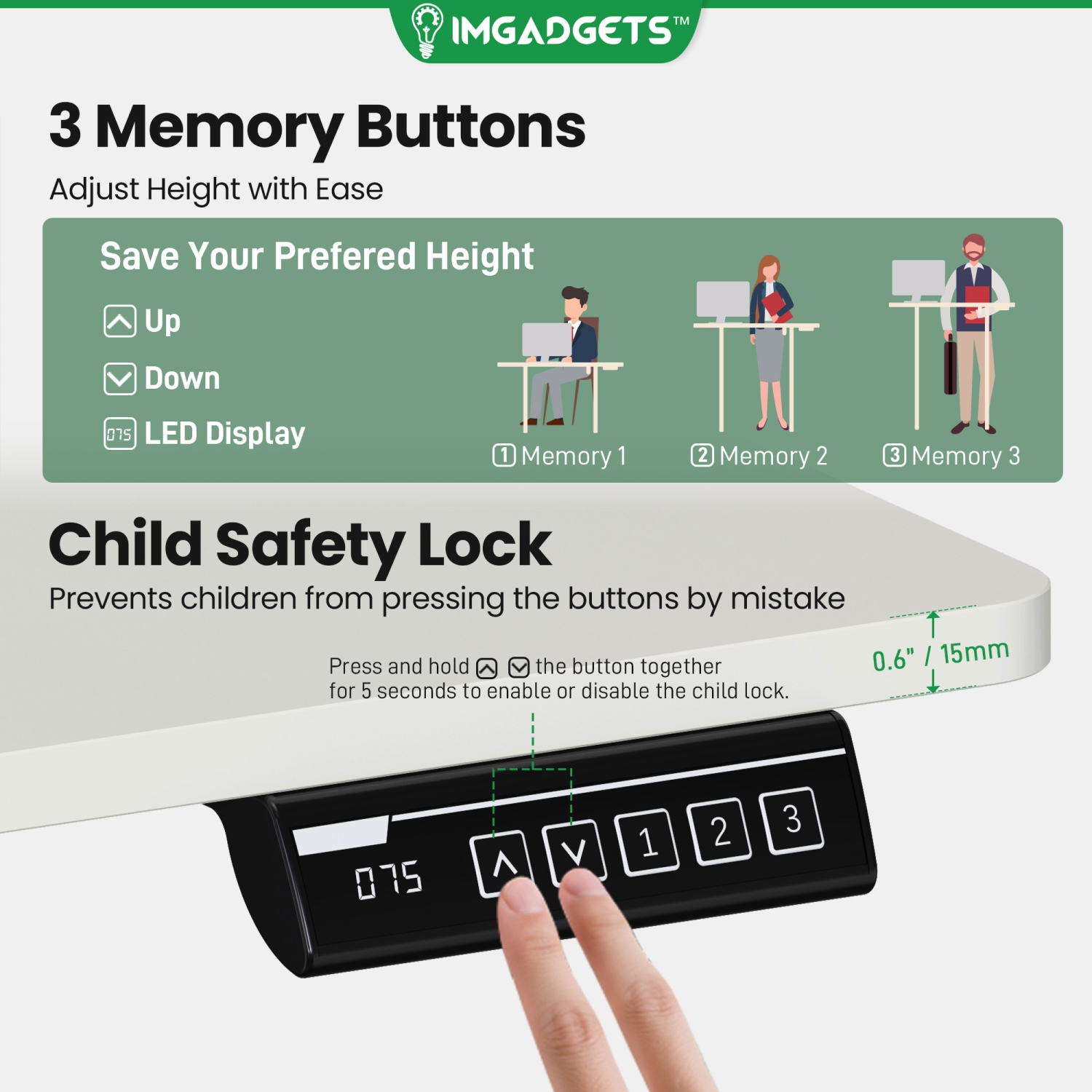 IMGadgets Standing Electric Adjustable Desk | 55'' x 24'' Large Workspace with 2 hooks | Ergonomic Sit-Stand Desk | 3-Memory Settings | Height