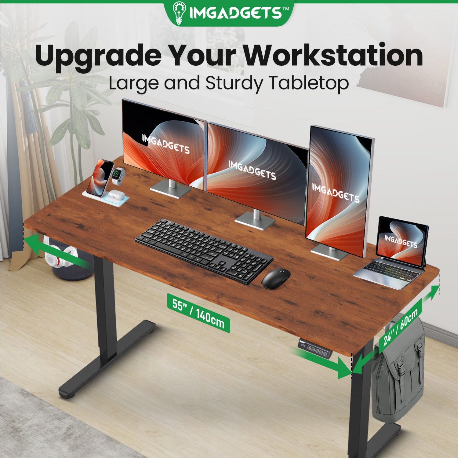 IMGadgets Standing Electric Adjustable Desk | 55'' x 24'' Large Workspace with 2 hooks | Ergonomic Sit-Stand Desk | 3-Memory Settings | Height