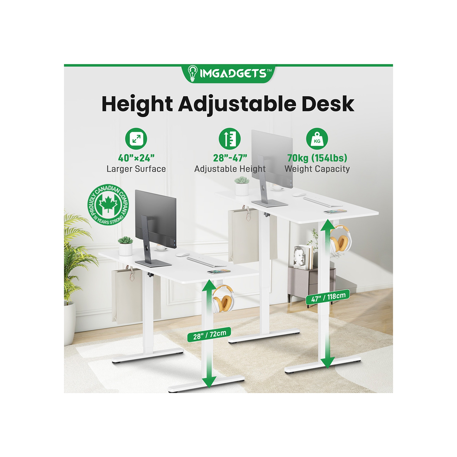 IMGadgets Standing Electric Adjustable Desk | 40'' x 24'' Large Workspace with 2 hooks | Ergonomic Sit-Stand Desk | 3-Memory Settings | Height
